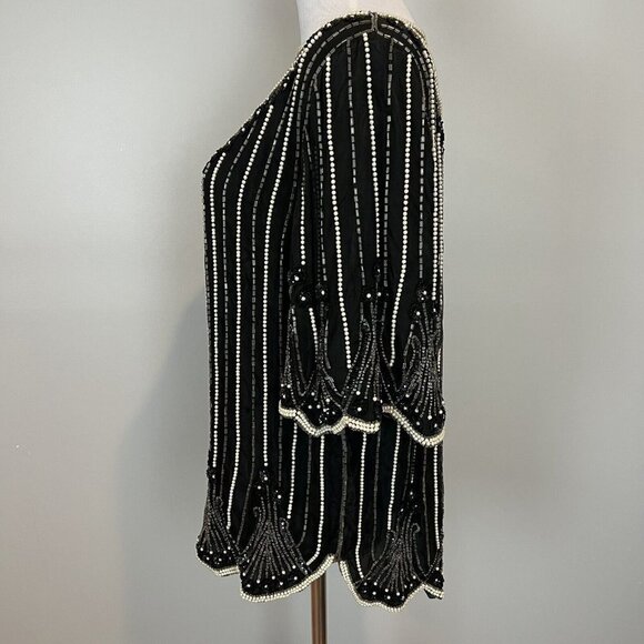Vtg 80s Beaded Silk Blouse Silk Black White Stripe Small Boxy Oversized - Picture 7 of 11